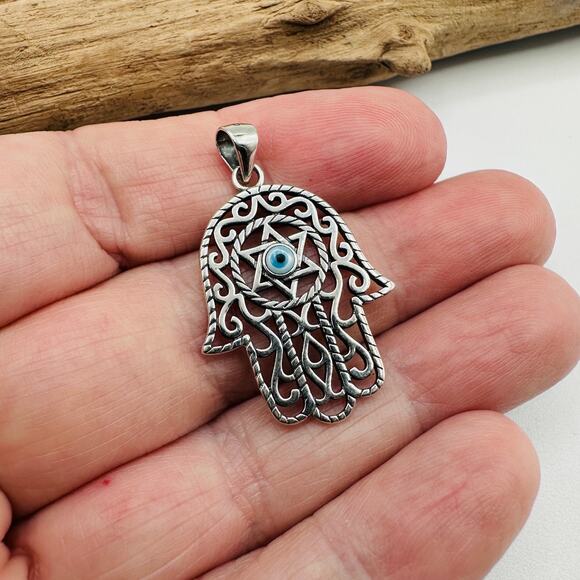 Sterling Silver Hamsa & Evil Eye Mother of Pearl Pendant - Picture 1 of 6